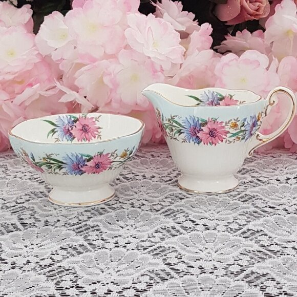 EB Foley Cornflower Blue Bone China Sugar Bowl and Milk Jug Set Pink Blue Flower - Picture 3 of 10